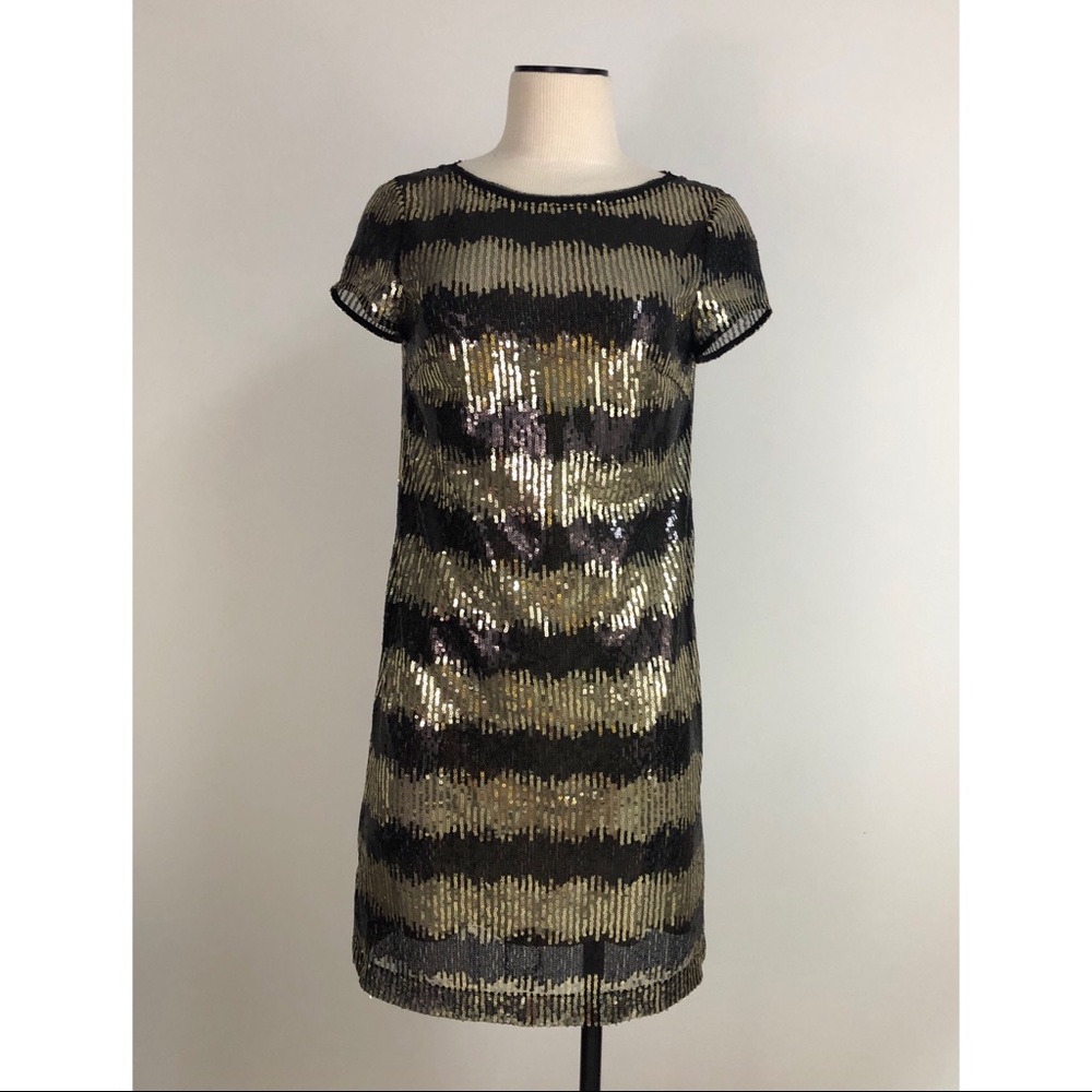 Ali Ro Sequin Striped Black & Gold Sheath Dress
